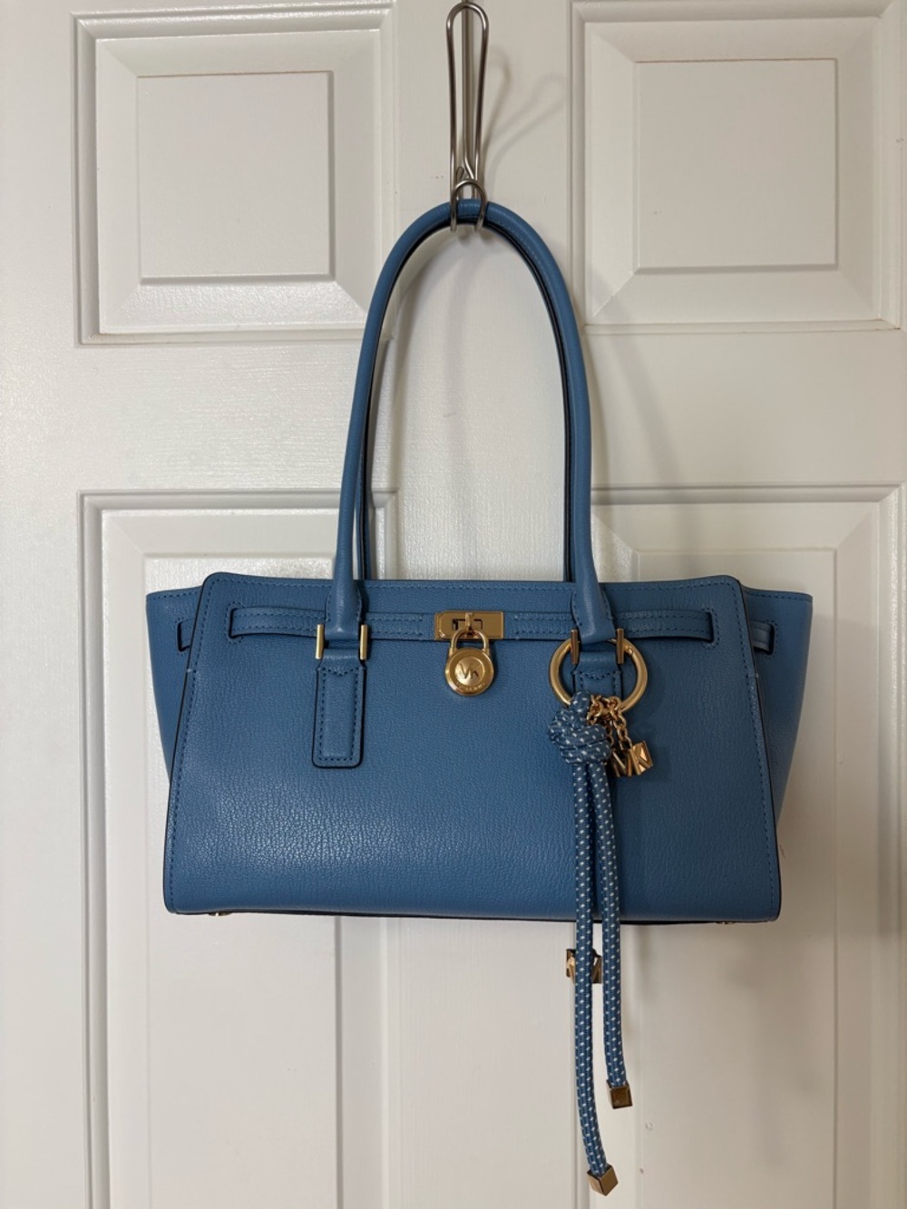 Michael Kors Bright Blue Hamilton Moderne Leather Shoulder Tote Gold Accents - Picture 5 of 5